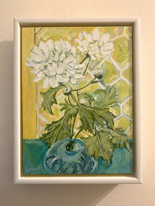 White chrysanthemums in a blue vase bathed in light