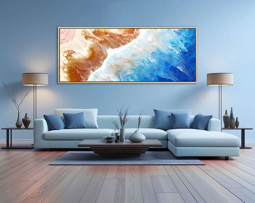 ABSTRACT painting that gives the impression of soothing ocean waves lapping in to soft sandy beach with slow easy waves creating crests of white..  The intricate mosaic pattern within the tonal blue hues and tones of deep and light blue plus the glimmering metallics adds added interest and intrigue!
The closer you get to the painting the more of the interesting details and patterns you can see. Metallics add an extra depth because the painting changes personality when one views from different angles.
although it is an impressionistic abstract, it still has a sense of motion of waves moving and frothing white shoreline!!!