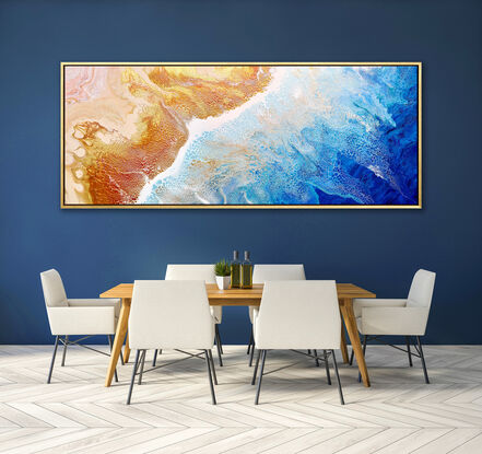 ABSTRACT painting that gives the impression of soothing ocean waves lapping in to soft sandy beach with slow easy waves creating crests of white..  The intricate mosaic pattern within the tonal blue hues and tones of deep and light blue plus the glimmering metallics adds added interest and intrigue!
The closer you get to the painting the more of the interesting details and patterns you can see. Metallics add an extra depth because the painting changes personality when one views from different angles.
although it is an impressionistic abstract, it still has a sense of motion of waves moving and frothing white shoreline!!