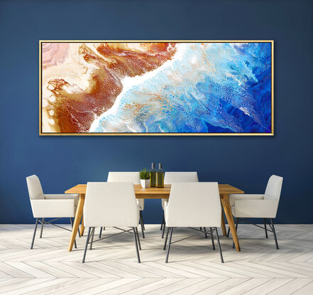 ABSTRACT painting that gives the impression of soothing ocean waves lapping in to soft sandy beach with slow easy waves creating crests of white..  The intricate mosaic pattern within the tonal blue hues and tones of deep and light blue plus the glimmering metallics adds added interest and intrigue!
The closer you get to the painting the more of the interesting details and patterns you can see. Metallics add an extra depth because the painting changes personality when one views from different angles.
although it is an impressionistic abstract, it still has a sense of motion of waves moving and frothing white shoreline!!