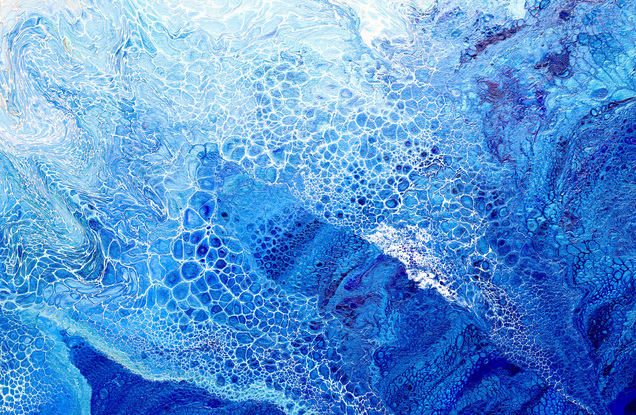 ABSTRACT painting that gives the impression of soothing ocean waves lapping in to soft sandy beach with slow easy waves creating crests of white..  The intricate mosaic pattern within the tonal blue hues and tones of deep and light blue plus the glimmering metallics adds added interest and intrigue!
The closer you get to the painting the more of the interesting details and patterns you can see. Metallics add an extra depth because the painting changes personality when one views from different angles.
although it is an impressionistic abstract, it still has a sense of motion of waves moving and frothing white shoreline!!!