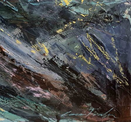 A large abstract landscape of the mountains in mixed media.