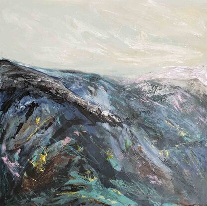 A large abstract landscape of the mountains in mixed media.