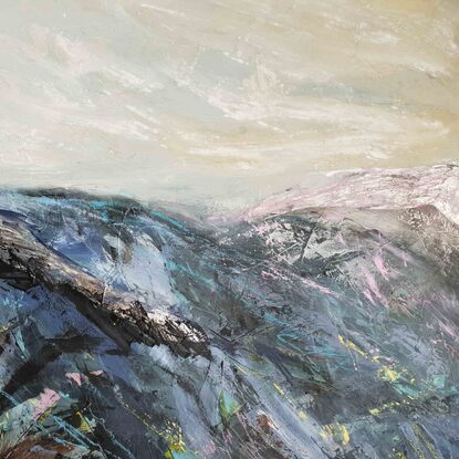 A large abstract landscape of the mountains in mixed media.