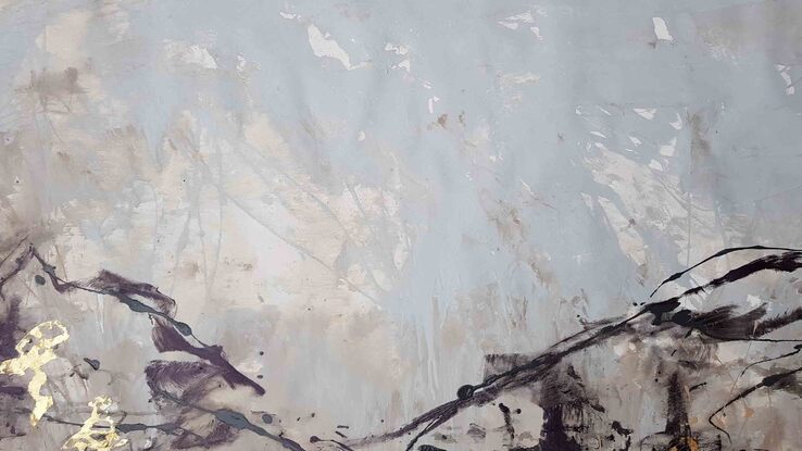 a large abstract of mountains and hills and trees  in pale  blue, beige, dark brown and white and gold leaf