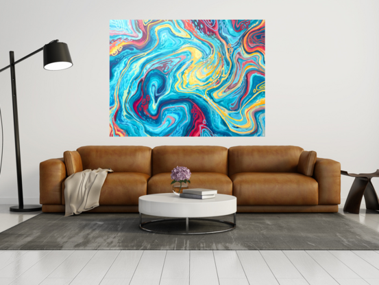 Flowing, gestural lines of blue, pink, yellow, teal, and orange to create swirling patterns reminiscent of the ocean