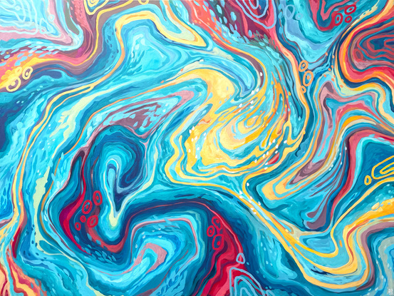 Flowing, gestural lines of blue, pink, yellow, teal, and orange to create swirling patterns reminiscent of the ocean