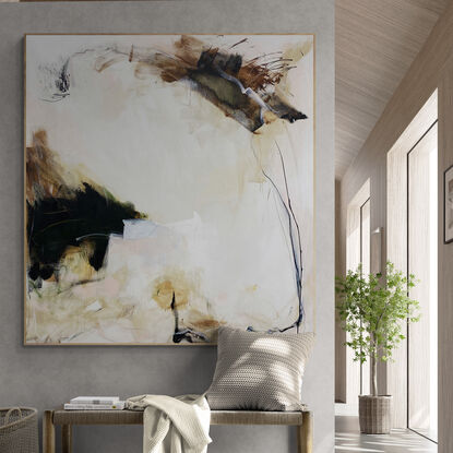 neutral and rich earthy tones from nature of pink, apricot, rust, black, grey, green and white expressive marks across an extra large canvas