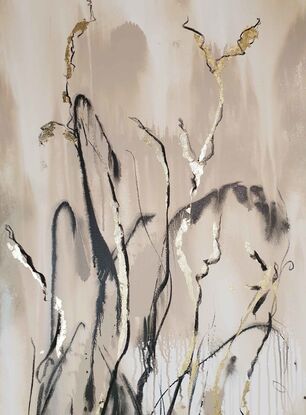 A large abstract landscape of grass and flowers in the outback in brown, beige and black with gold leaf.