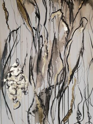 A large abstract landscape of grass and flowers in the outback in brown, beige and black with gold leaf.