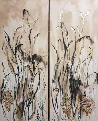 A large abstract landscape of grass and flowers in the outback in brown, beige and black with gold leaf.