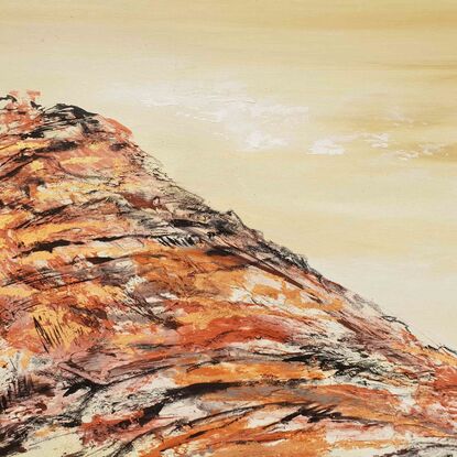 An abstract landscape of banksia trees and a red rock ravine in shades of brown, ochre, terracotta, beige, metallic copper and bronze, black and off white