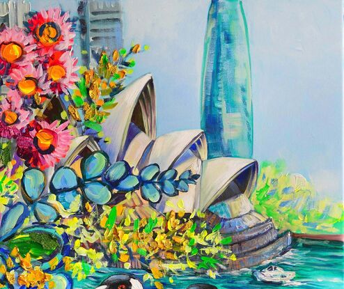 Still life with proteas, flowering gum, magpies and the Sydney Opera House.