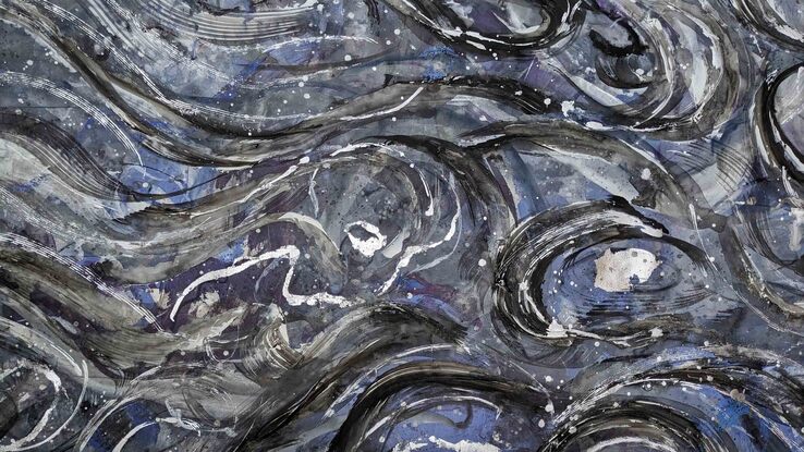 An abstract of water ripples and waves with metallic silver leaf