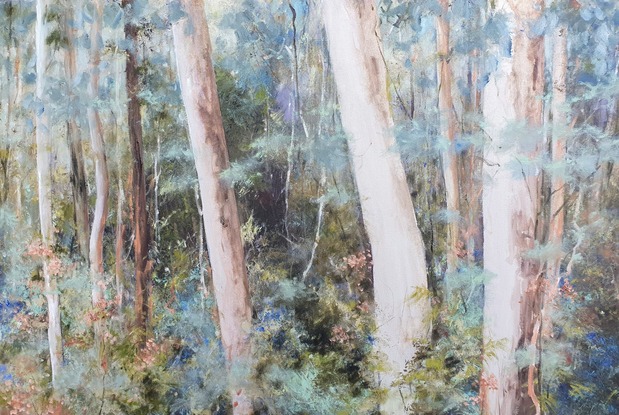 Extra large, long narrow landscape painting by Victoria Collins, showing middle-storey of a sapling forest with layers of delicate marks from very dark olive green to pale teal and apricot tones.