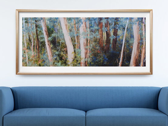 Extra large, long narrow landscape painting by Victoria Collins, showing middle-storey of a sapling forest with layers of delicate marks from very dark olive green to pale teal and apricot tones.