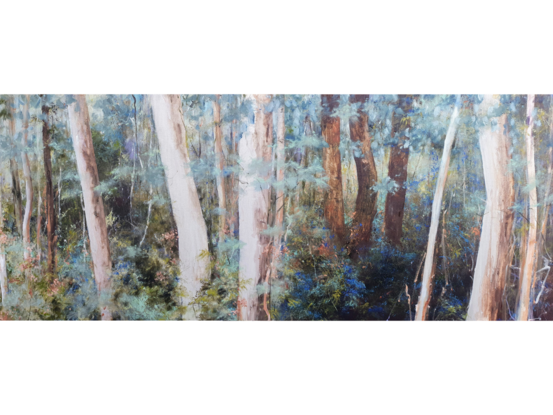 Extra large, long narrow landscape painting by Victoria Collins, showing middle-storey of a sapling forest with layers of delicate marks from very dark olive green to pale teal and apricot tones.