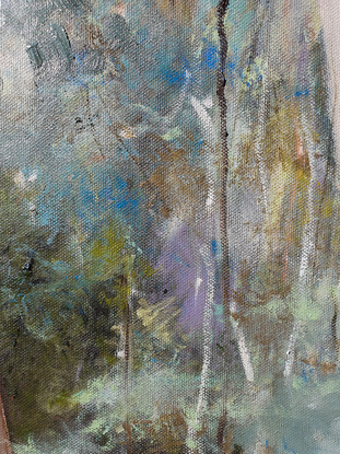 Extra large, long narrow landscape painting by Victoria Collins, showing middle-storey of a sapling forest with layers of delicate marks from very dark olive green to pale teal and apricot tones.