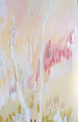 An abstract landscape with soft beiges, whites and peachy pink textures.