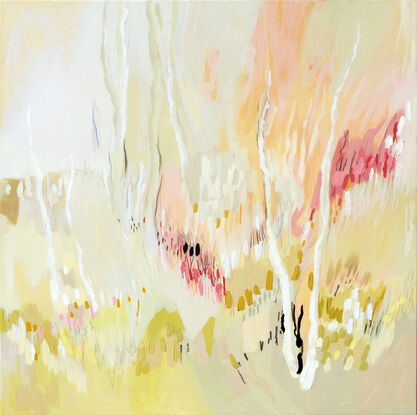 An abstract landscape with soft beiges, whites and peachy pink textures.