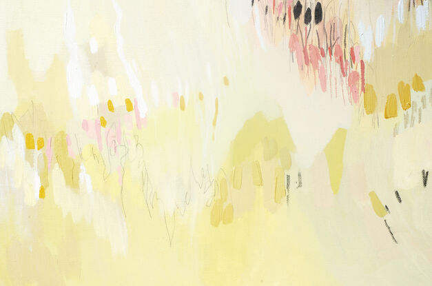 An abstract landscape with soft beiges, whites and peachy pink textures.