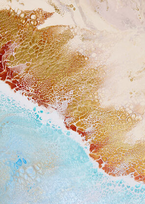 ABSTRACT painting that gives the impression of soothing ocean waves lapping in to soft sandy beach with slow easy waves creating crests of whie..  The intricate mosaic pattern within the tonal blue hues and tones of deep and light blue plusthe glimmering metallics adds added interest and intrigue.
The closer you get to the painting the more of the interesting details and patterns you can see. Metallics add an extra depth because the painting changes personality when one views from different angles.
although it is an impressionistic abstract, it still has a sense of motion of waves moving and frothing white shoreline!