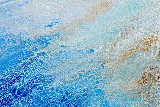 ABSTRACT painting that gives the impression of soothing ocean waves lapping in to soft sandy beach with slow easy waves creating crests of whie..  The intricate mosaic pattern within the tonal blue hues and tones of deep and light blue plusthe glimmering metallics adds added interest and intrigue.
The closer you get to the painting the more of the interesting details and patterns you can see. Metallics add an extra depth because the painting changes personality when one views from different angles.
although it is an impressionistic abstract, it still has a sense of motion of waves moving and frothing white shoreline!