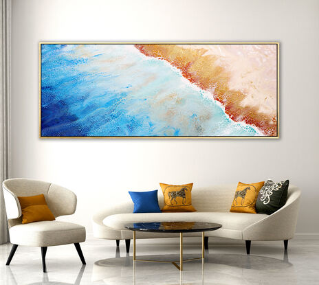 ABSTRACT painting that gives the impression of soothing ocean waves lapping in to soft sandy beach with slow easy waves creating crests of whie..  The intricate mosaic pattern within the tonal blue hues and tones of deep and light blue plusthe glimmering metallics adds added interest and intrigue.
The closer you get to the painting the more of the interesting details and patterns you can see. Metallics add an extra depth because the painting changes personality when one views from different angles.
although it is an impressionistic abstract, it still has a sense of motion of waves moving and frothing white shoreline!