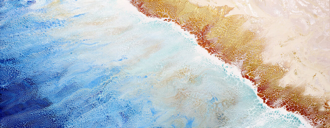 ABSTRACT painting that gives the impression of soothing ocean waves lapping in to soft sandy beach with slow easy waves creating crests of whie..  The intricate mosaic pattern within the tonal blue hues and tones of deep and light blue plusthe glimmering metallics adds added interest and intrigue.
The closer you get to the painting the more of the interesting details and patterns you can see. Metallics add an extra depth because the painting changes personality when one views from different angles.
although it is an impressionistic abstract, it still has a sense of motion of waves moving and frothing white shoreline!