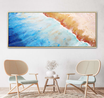 ABSTRACT painting that gives the impression of soothing ocean waves lapping in to soft sandy beach with slow easy waves creating crests of whie..  The intricate mosaic pattern within the tonal blue hues and tones of deep and light blue plusthe glimmering metallics adds added interest and intrigue.
The closer you get to the painting the more of the interesting details and patterns you can see. Metallics add an extra depth because the painting changes personality when one views from different angles.
although it is an impressionistic abstract, it still has a sense of motion of waves moving and frothing white shoreline!