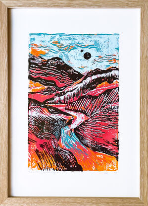 Pink and orange hills reduction lino print