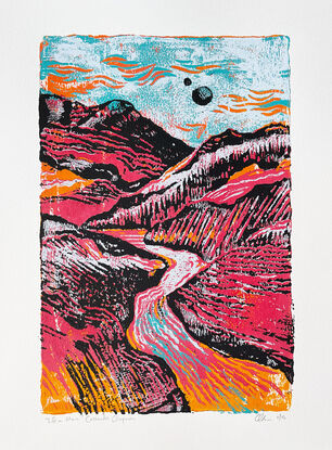 Pink and orange hills reduction lino print