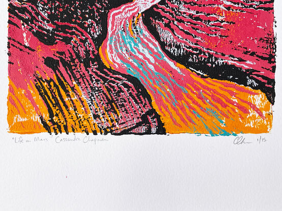 Pink and orange hills reduction lino print