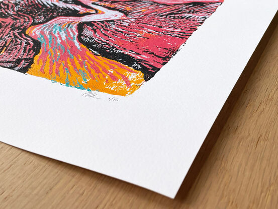 Pink and orange hills reduction lino print