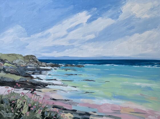 beach with rocky headland, flowers and coastal grass in foreground