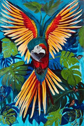 Macaws are such vibrant beautiful big birds! I wanted to create the illusion of thus bird emerging from the jungle
This artwork was exhibitioned for the Killabakh Country Fair 2023