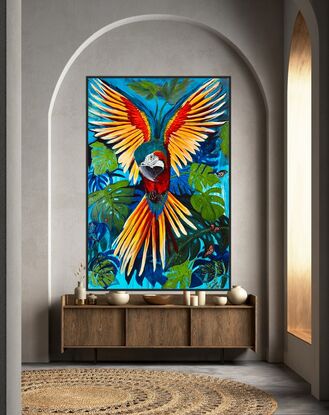 Macaws are such vibrant beautiful big birds! I wanted to create the illusion of thus bird emerging from the jungle
This artwork was exhibitioned for the Killabakh Country Fair 2023