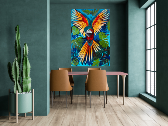 Macaws are such vibrant beautiful big birds! I wanted to create the illusion of thus bird emerging from the jungle
This artwork was exhibitioned for the Killabakh Country Fair 2023