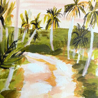 A painting of the morning sky with palm trees and a path. 