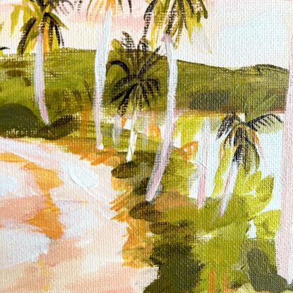 A painting of the morning sky with palm trees and a path. 