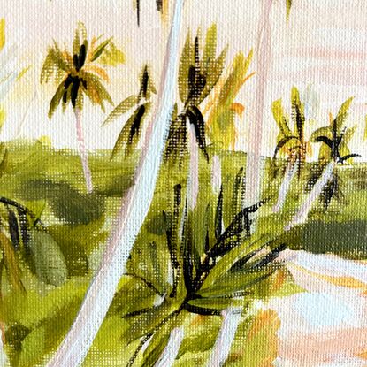 A painting of the morning sky with palm trees and a path. 