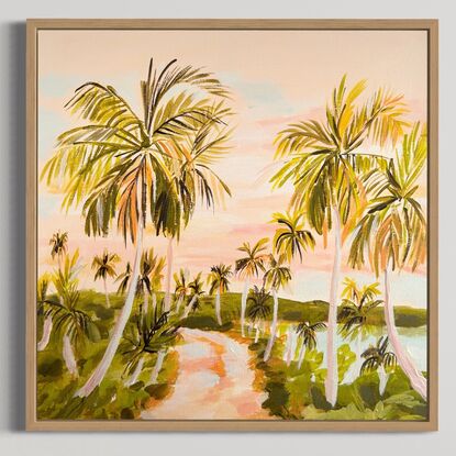 A painting of the morning sky with palm trees and a path. 