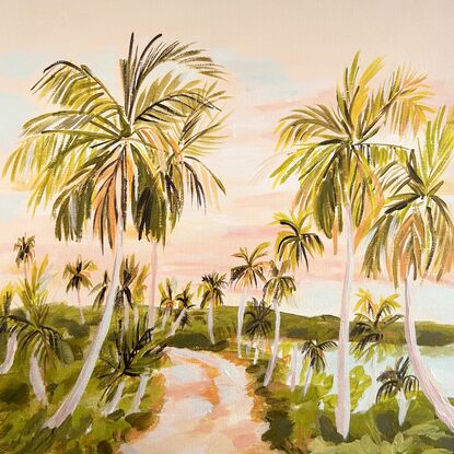 A painting of the morning sky with palm trees and a path. 