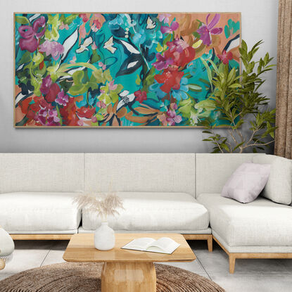 Large colourful expressive abstract tropical floral and bird landscape canvas print