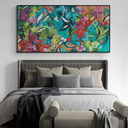 Large colourful expressive abstract tropical floral and bird landscape canvas print