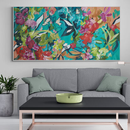 Large colourful expressive abstract tropical floral and bird landscape canvas print