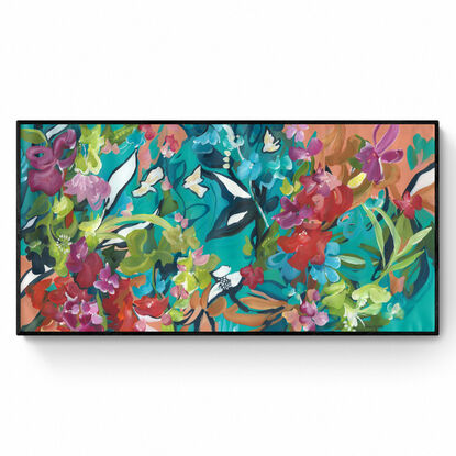 Large colourful expressive abstract tropical floral and bird landscape canvas print