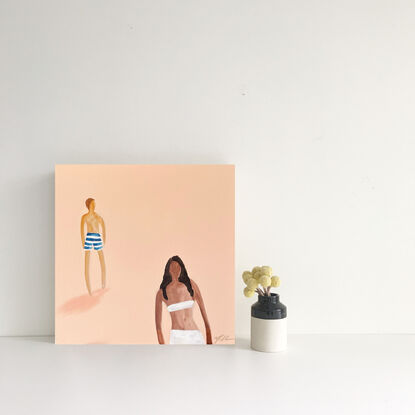 Apricot background with minimalist beach goers