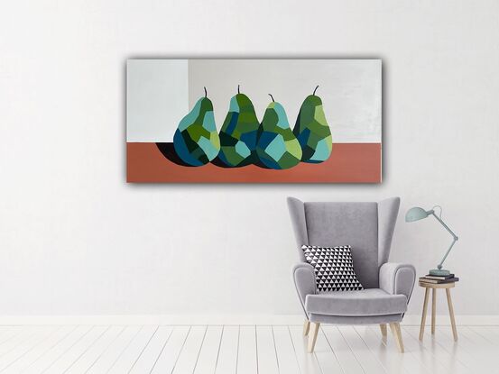 Four pears on a terracotta surface with a beige background. The pears are painted in a geometric style in warm greens and blues.