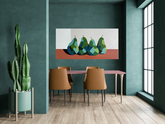 Four pears on a terracotta surface with a beige background. The pears are painted in a geometric style in warm greens and blues.